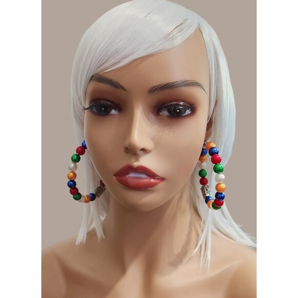 OES Eastern Star Earrings with White, Blue, Yellow, Red & Green Pearls - Picture 2 of 5